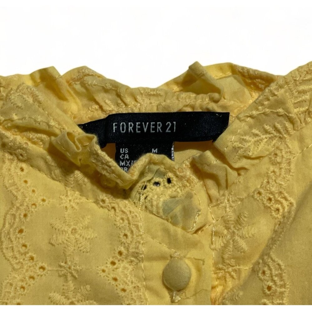 Forever 21 Juniors' Yellow Embroidered Lace Button Front Sleeveless Blouse - Picture 2 of 9